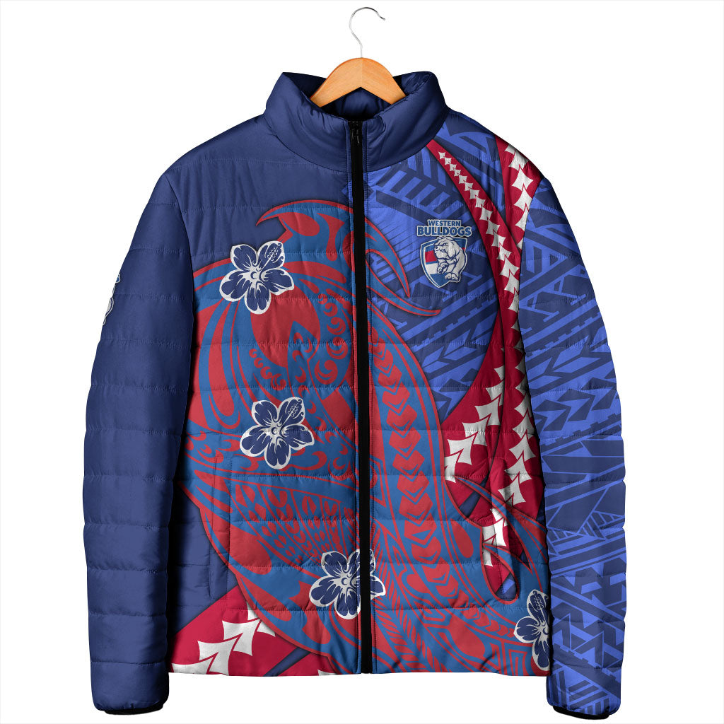 Personalized Western Bulldogs Padded Jacket Polynesian Tribal Bulldog Mascot With Hibiscus Floral Art