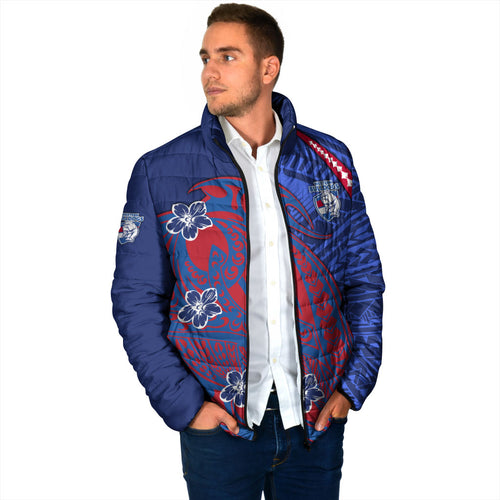 Personalized Western Bulldogs Padded Jacket Polynesian Tribal Bulldog Mascot With Hibiscus Floral Art