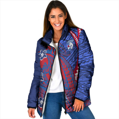 Personalized Western Bulldogs Padded Jacket Polynesian Tribal Bulldog Mascot With Hibiscus Floral Art