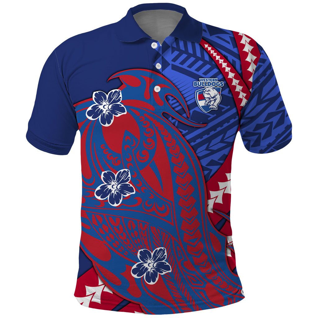 Personalized Western Bulldogs Polo Shirt Polynesian Tribal Bulldog Mascot With Hibiscus Floral Art