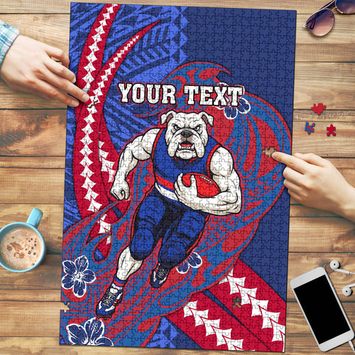Personalized Western Bulldogs Puzzle Polynesian Tribal Bulldog Mascot With Hibiscus Floral Art