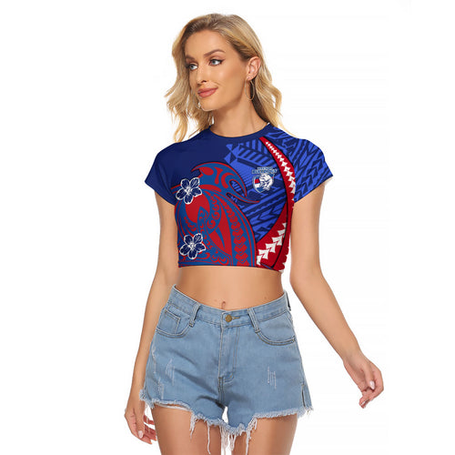 Personalized Western Bulldogs Raglan Cropped T Shirt Polynesian Tribal Bulldog Mascot With Hibiscus Floral Art
