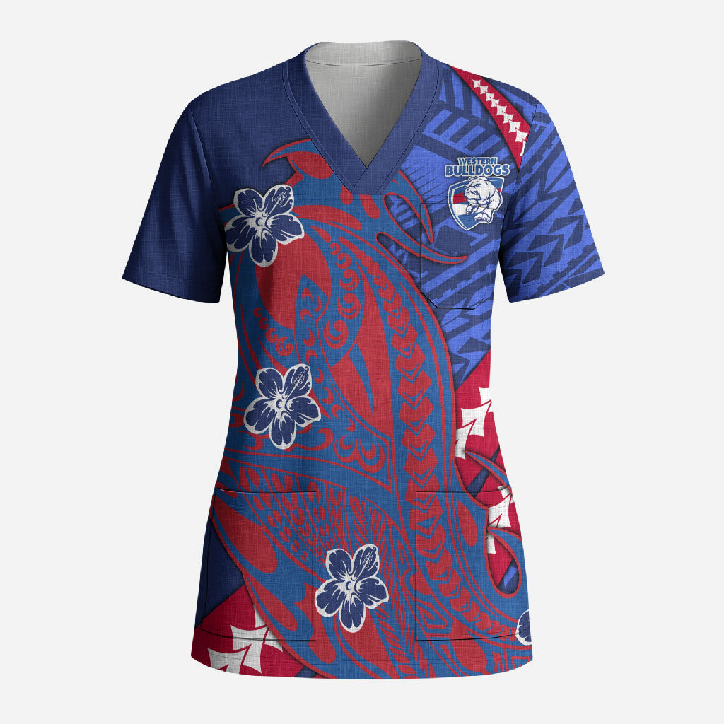 Personalized Western Bulldogs Scrub Top Polynesian Tribal Bulldog Mascot With Hibiscus Floral Art