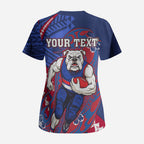 Personalized Western Bulldogs Scrub Top Polynesian Tribal Bulldog Mascot With Hibiscus Floral Art