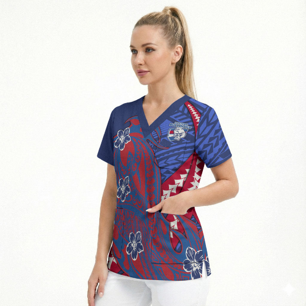Personalized Western Bulldogs Scrub Top Polynesian Tribal Bulldog Mascot With Hibiscus Floral Art