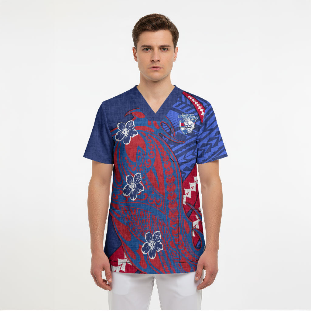 Personalized Western Bulldogs Scrub Top Polynesian Tribal Bulldog Mascot With Hibiscus Floral Art