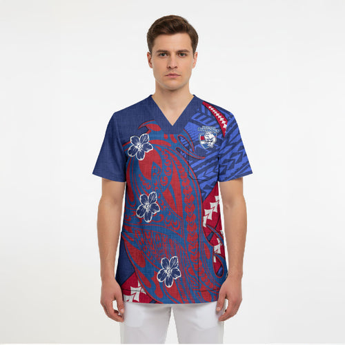 Personalized Western Bulldogs Scrub Top Polynesian Tribal Bulldog Mascot With Hibiscus Floral Art