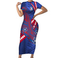 Personalized Western Bulldogs Short Sleeve Bodycon Dress Polynesian Tribal Bulldog Mascot With Hibiscus Floral Art