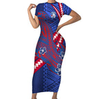 Personalized Western Bulldogs Short Sleeve Bodycon Dress Polynesian Tribal Bulldog Mascot With Hibiscus Floral Art