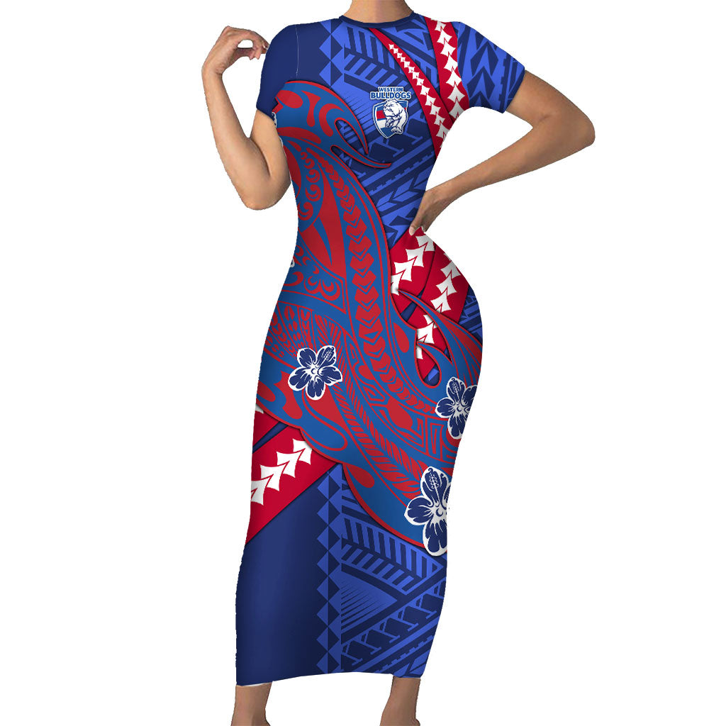 Personalized Western Bulldogs Short Sleeve Bodycon Dress Polynesian Tribal Bulldog Mascot With Hibiscus Floral Art