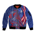 Personalized Western Bulldogs Sleeve Zip Bomber Jacket Polynesian Tribal Bulldog Mascot With Hibiscus Floral Art