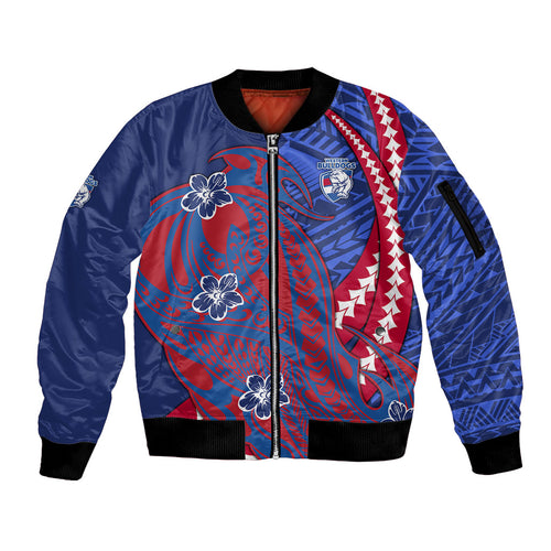 Personalized Western Bulldogs Sleeve Zip Bomber Jacket Polynesian Tribal Bulldog Mascot With Hibiscus Floral Art