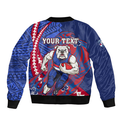 Personalized Western Bulldogs Sleeve Zip Bomber Jacket Polynesian Tribal Bulldog Mascot With Hibiscus Floral Art