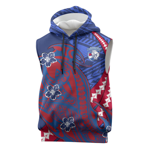 Personalized Western Bulldogs Sleeveless Hoodie Polynesian Tribal Bulldog Mascot With Hibiscus Floral Art