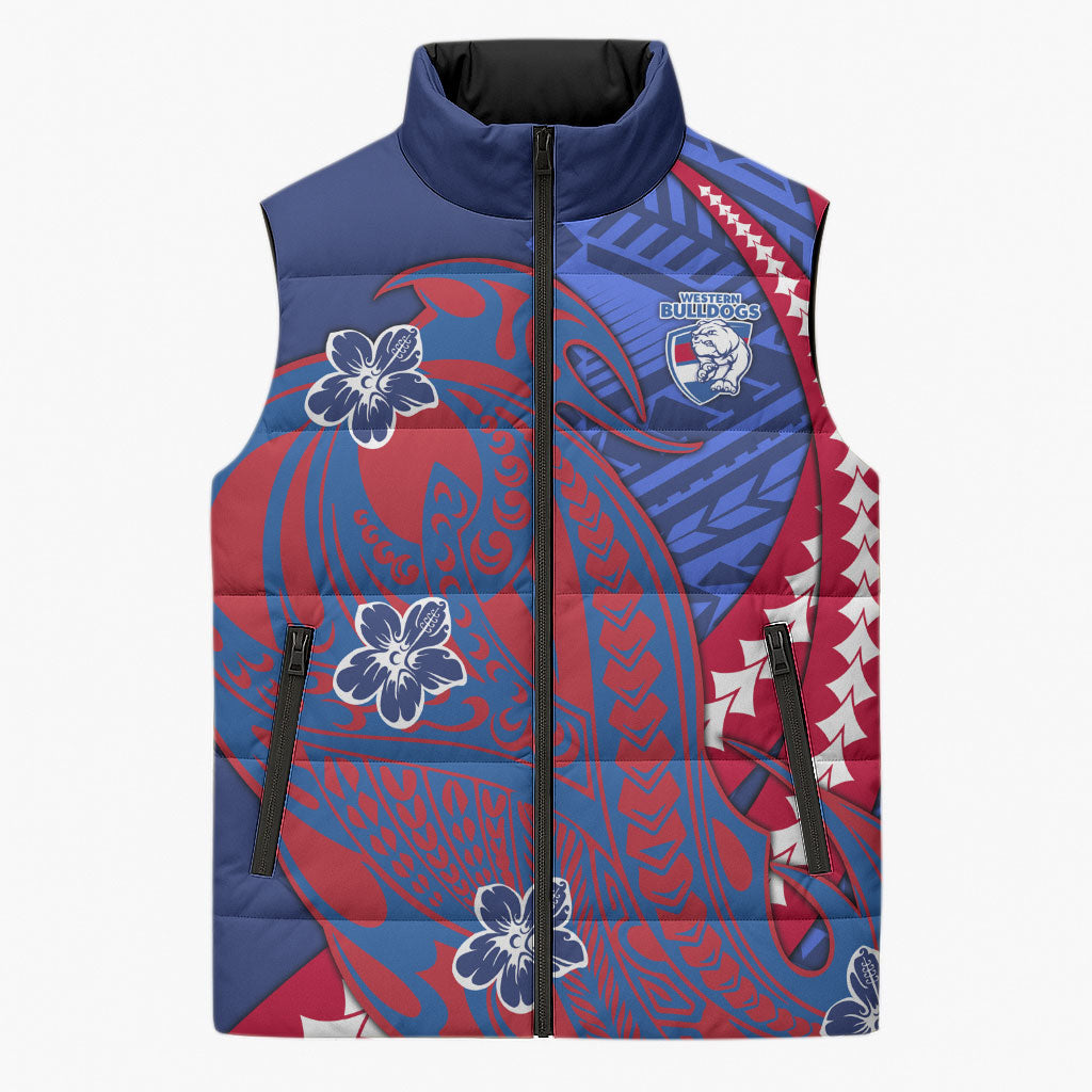 Personalized Western Bulldogs Sleeveless Puffer Jacket Polynesian Tribal Bulldog Mascot With Hibiscus Floral Art