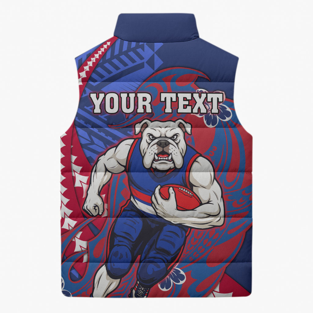 Personalized Western Bulldogs Sleeveless Puffer Jacket Polynesian Tribal Bulldog Mascot With Hibiscus Floral Art