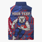 Personalized Western Bulldogs Sleeveless Puffer Jacket Polynesian Tribal Bulldog Mascot With Hibiscus Floral Art
