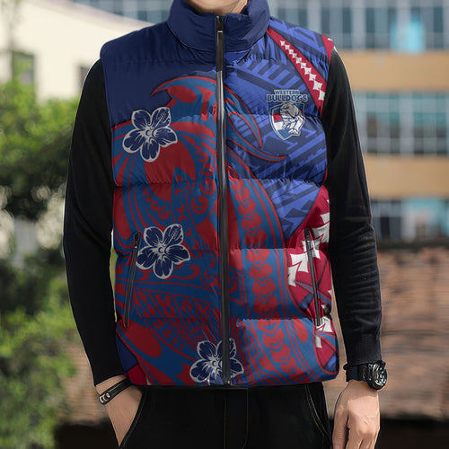 Personalized Western Bulldogs Sleeveless Puffer Jacket Polynesian Tribal Bulldog Mascot With Hibiscus Floral Art