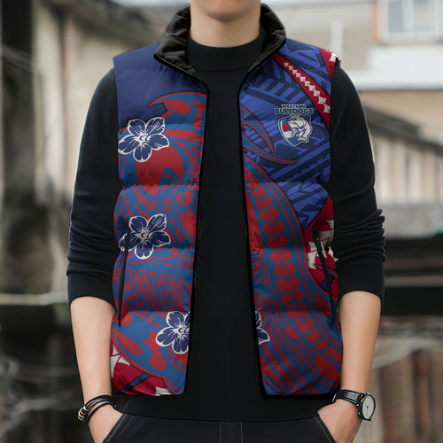 Personalized Western Bulldogs Sleeveless Puffer Jacket Polynesian Tribal Bulldog Mascot With Hibiscus Floral Art