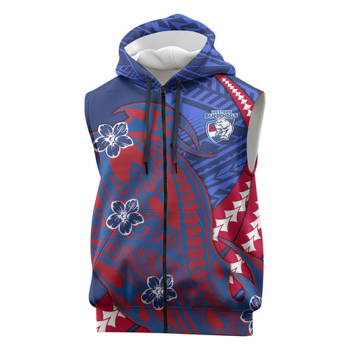 Personalized Western Bulldogs Sleeveless Zip Hoodie Polynesian Tribal Bulldog Mascot With Hibiscus Floral Art