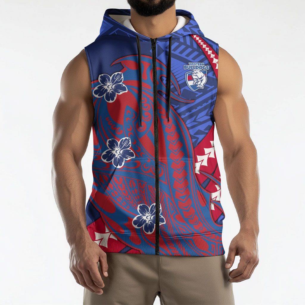 Personalized Western Bulldogs Sleeveless Zip Hoodie Polynesian Tribal Bulldog Mascot With Hibiscus Floral Art