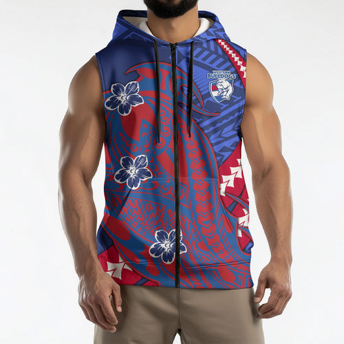Personalized Western Bulldogs Sleeveless Zip Hoodie Polynesian Tribal Bulldog Mascot With Hibiscus Floral Art