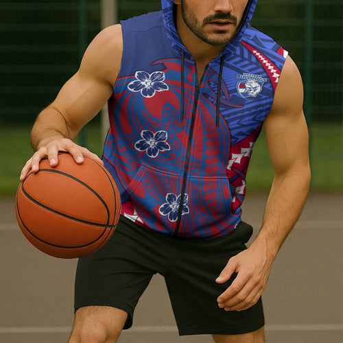 Personalized Western Bulldogs Sleeveless Zip Hoodie Polynesian Tribal Bulldog Mascot With Hibiscus Floral Art