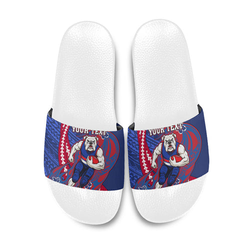 Personalized Western Bulldogs Slide Sandals Polynesian Tribal Bulldog Mascot With Hibiscus Floral Art