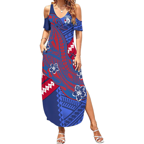 Personalized Western Bulldogs Summer Maxi Dress Polynesian Tribal Bulldog Mascot With Hibiscus Floral Art