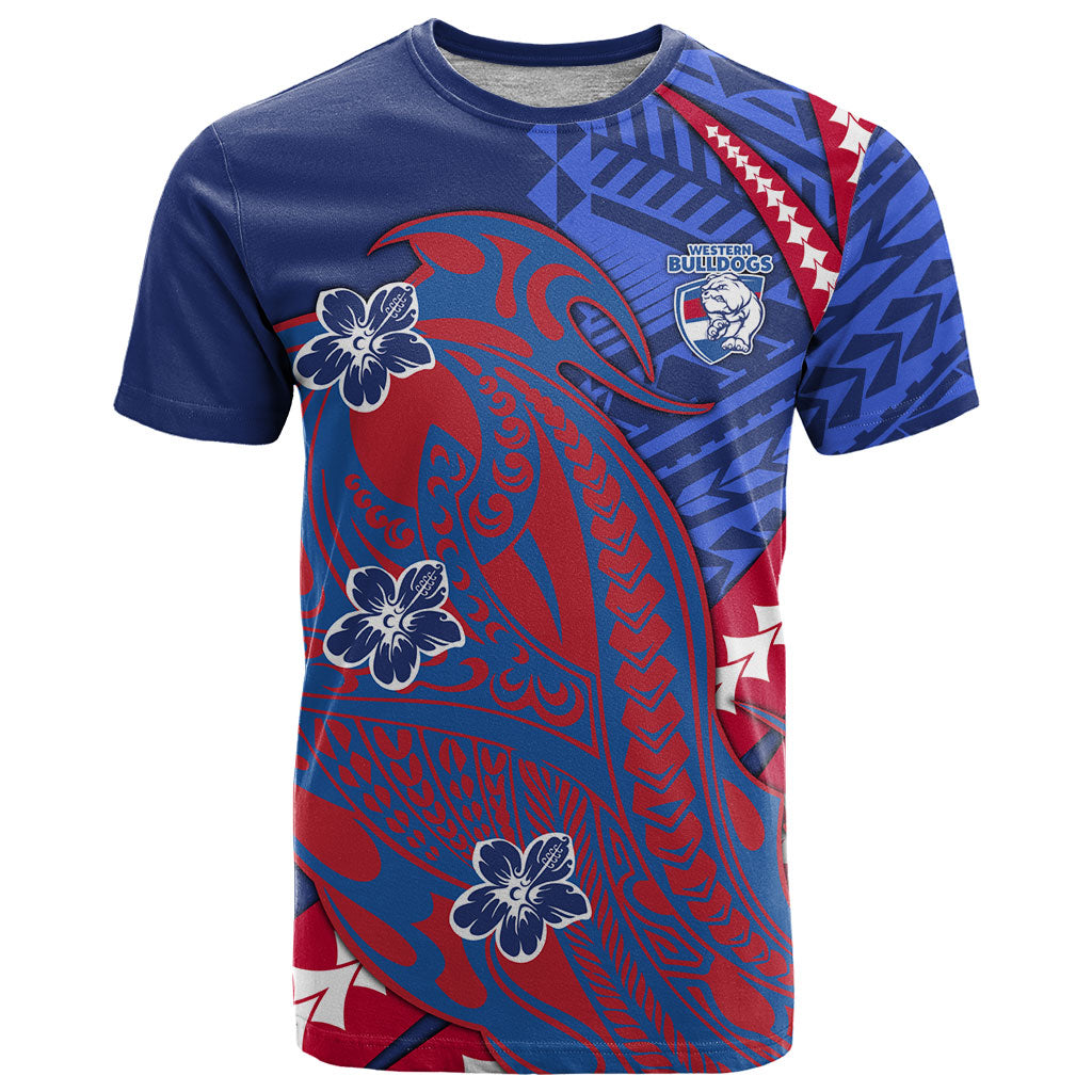Personalized Western Bulldogs T Shirt Polynesian Tribal Bulldog Mascot With Hibiscus Floral Art