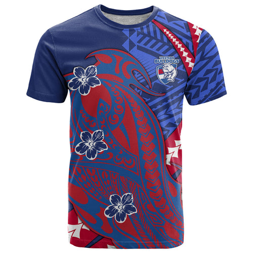 Personalized Western Bulldogs T Shirt Polynesian Tribal Bulldog Mascot With Hibiscus Floral Art