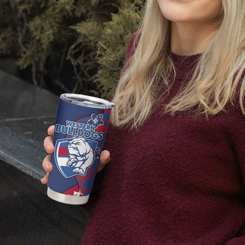Personalized Western Bulldogs Tumbler Cup Polynesian Tribal Bulldog Mascot With Hibiscus Floral Art
