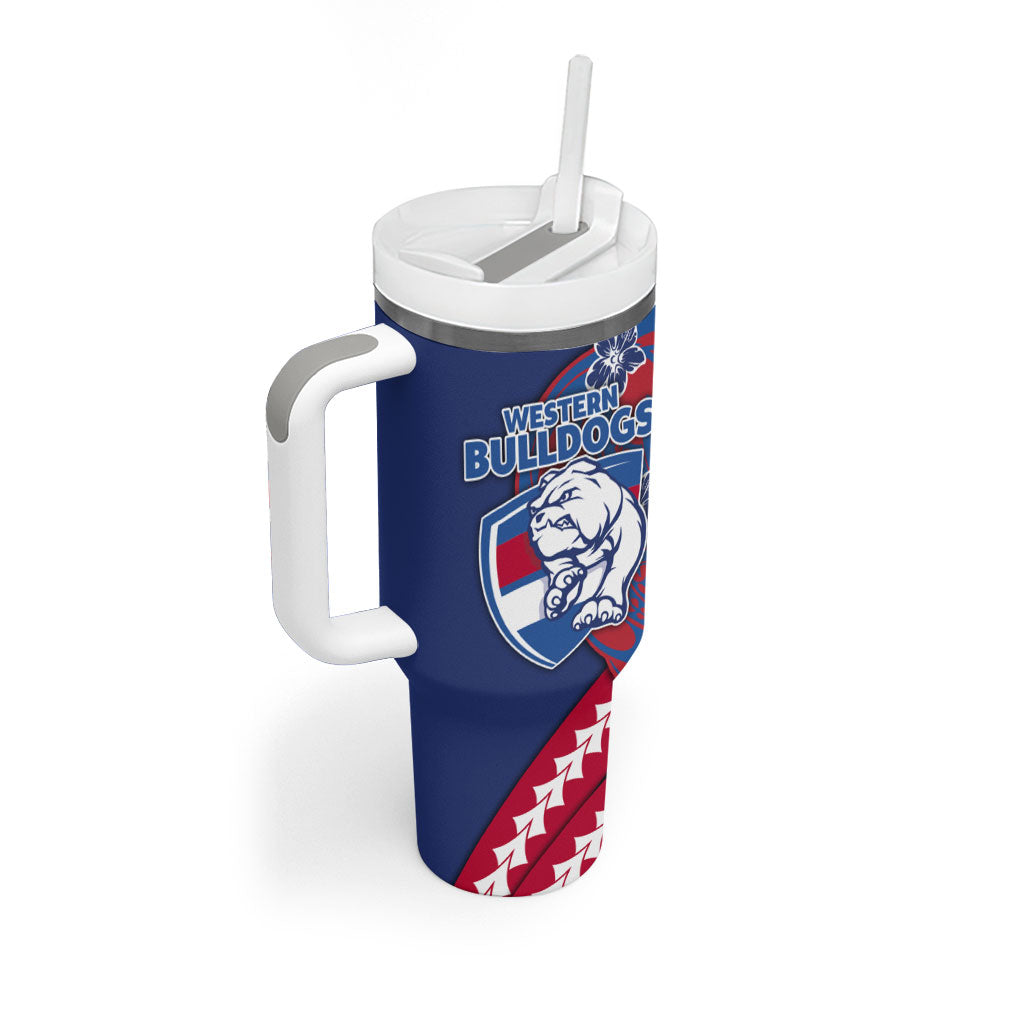 Personalized Western Bulldogs Tumbler With Handle Polynesian Tribal Bulldog Mascot With Hibiscus Floral Art