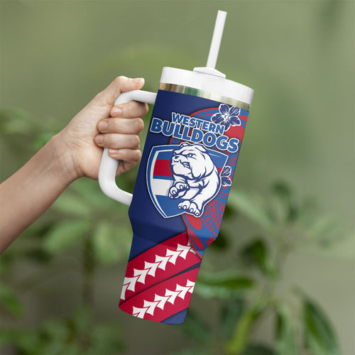 Personalized Western Bulldogs Tumbler With Handle Polynesian Tribal Bulldog Mascot With Hibiscus Floral Art