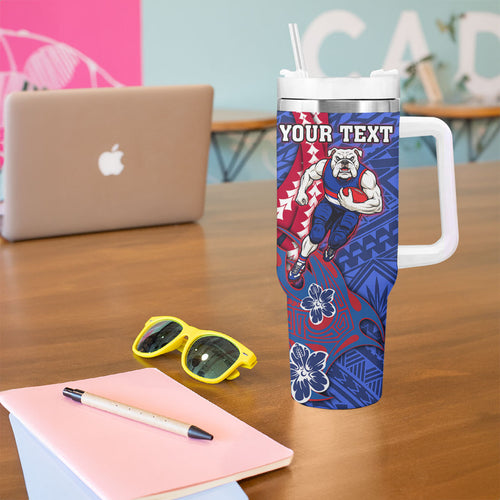 Personalized Western Bulldogs Tumbler With Handle Polynesian Tribal Bulldog Mascot With Hibiscus Floral Art