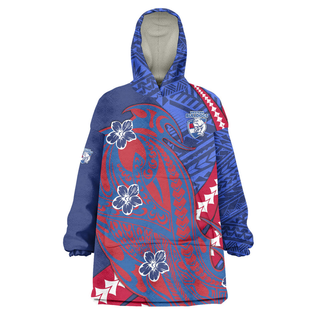 Personalized Western Bulldogs Wearable Blanket Hoodie Polynesian Tribal Bulldog Mascot With Hibiscus Floral Art