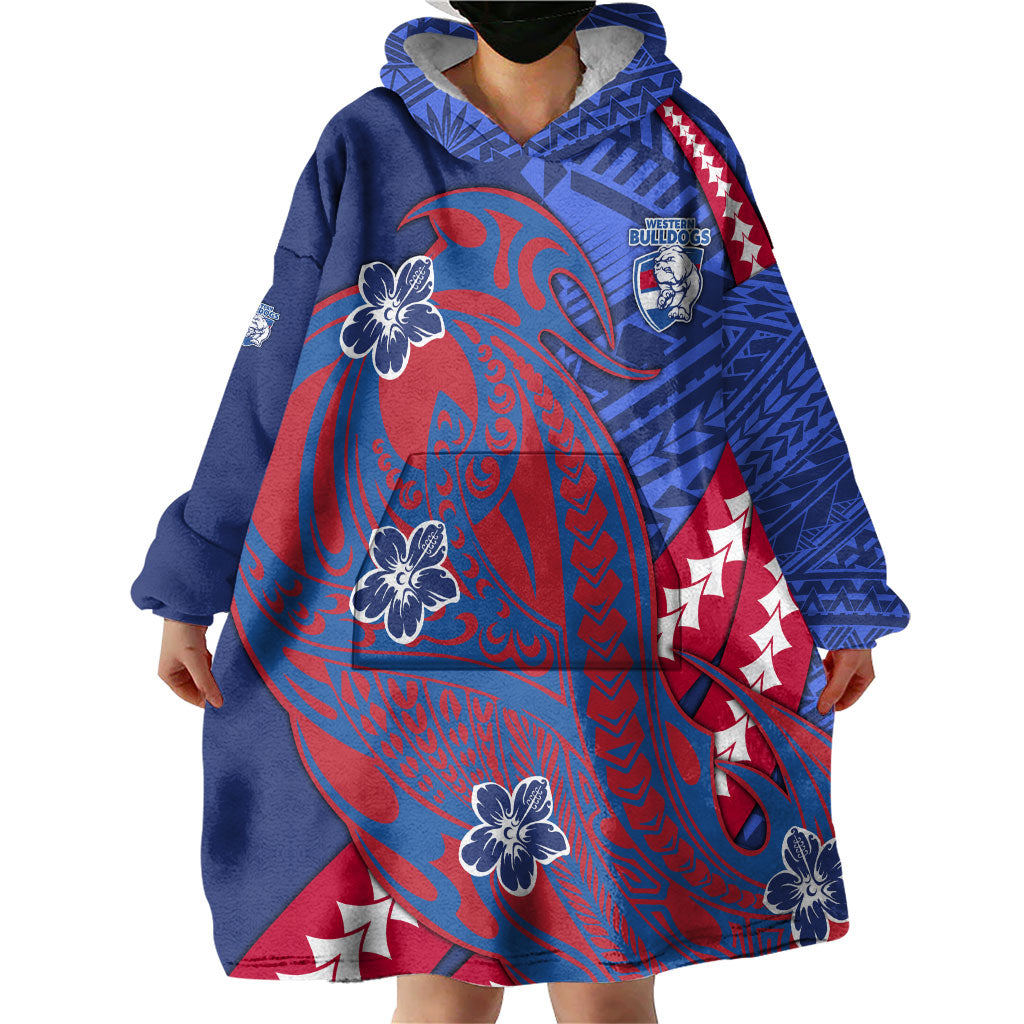 Personalized Western Bulldogs Wearable Blanket Hoodie Polynesian Tribal Bulldog Mascot With Hibiscus Floral Art