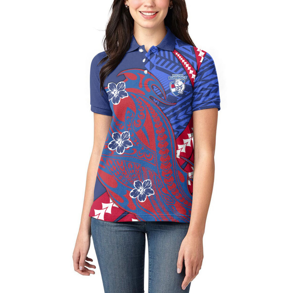 Personalized Western Bulldogs Women Polo Shirt Polynesian Tribal Bulldog Mascot With Hibiscus Floral Art