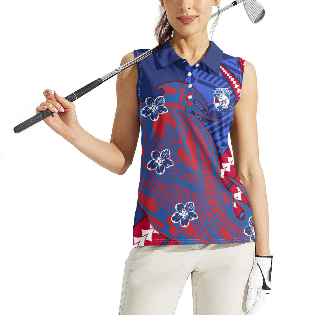 Personalized Western Bulldogs Women Sleeveless Polo Shirt Polynesian Tribal Bulldog Mascot With Hibiscus Floral Art
