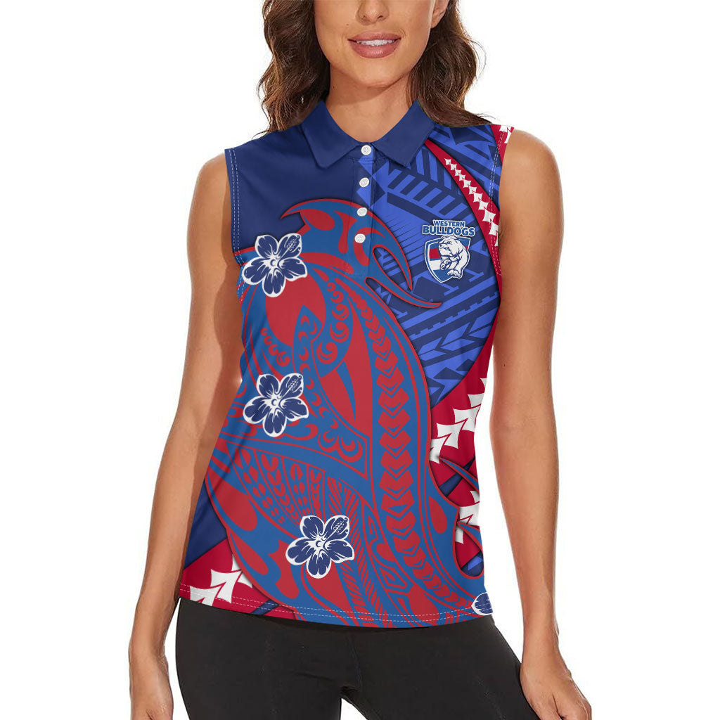 Personalized Western Bulldogs Women Sleeveless Polo Shirt Polynesian Tribal Bulldog Mascot With Hibiscus Floral Art