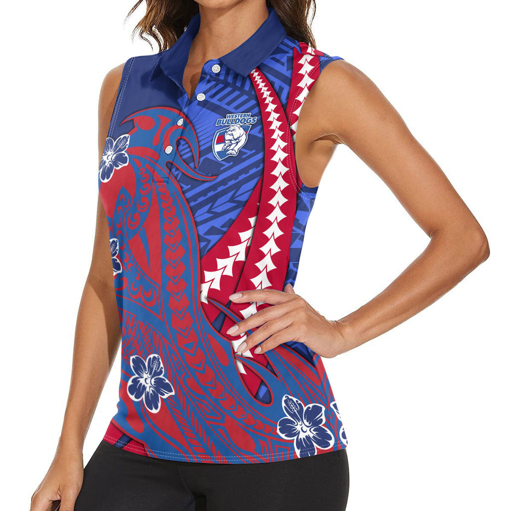 Personalized Western Bulldogs Women Sleeveless Polo Shirt Polynesian Tribal Bulldog Mascot With Hibiscus Floral Art