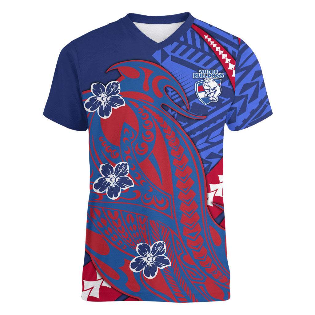 Personalized Western Bulldogs Women V-Neck T-Shirt Polynesian Tribal Bulldog Mascot With Hibiscus Floral Art
