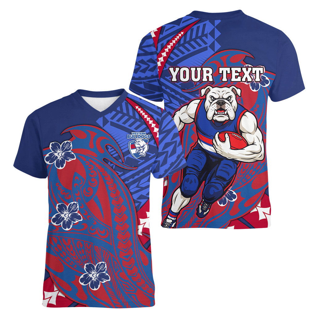 Personalized Western Bulldogs Women V-Neck T-Shirt Polynesian Tribal Bulldog Mascot With Hibiscus Floral Art