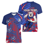Personalized Western Bulldogs Women V-Neck T-Shirt Polynesian Tribal Bulldog Mascot With Hibiscus Floral Art