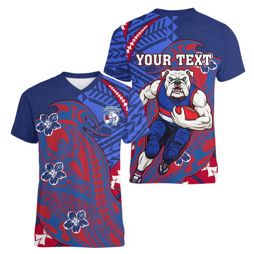 Personalized Western Bulldogs Women V-Neck T-Shirt Polynesian Tribal Bulldog Mascot With Hibiscus Floral Art