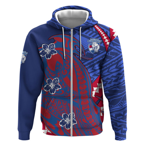 Personalized Western Bulldogs Zip Hoodie Polynesian Tribal Bulldog Mascot With Hibiscus Floral Art