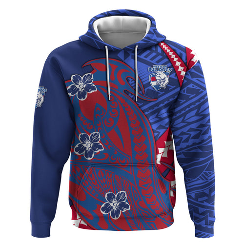Personalized Western Bulldogs Zip Hoodie Polynesian Tribal Bulldog Mascot With Hibiscus Floral Art