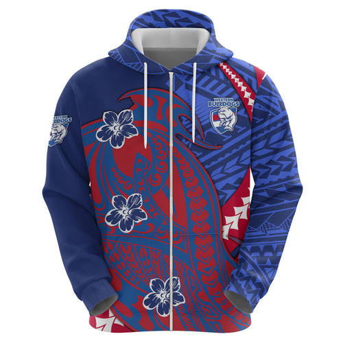 Personalized Western Bulldogs Zip Hoodie Polynesian Tribal Bulldog Mascot With Hibiscus Floral Art