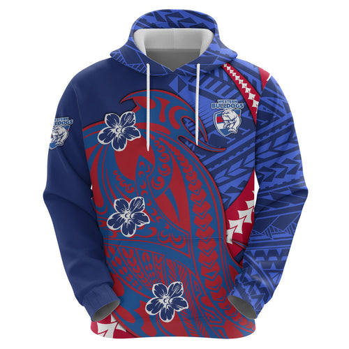 Personalized Western Bulldogs Zip Hoodie Polynesian Tribal Bulldog Mascot With Hibiscus Floral Art