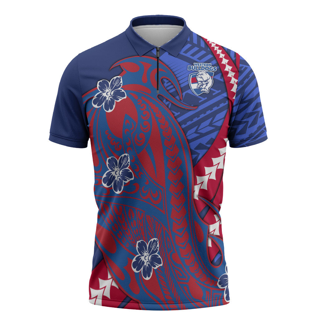 Personalized Western Bulldogs Zipper Polo Shirt Polynesian Tribal Bulldog Mascot With Hibiscus Floral Art